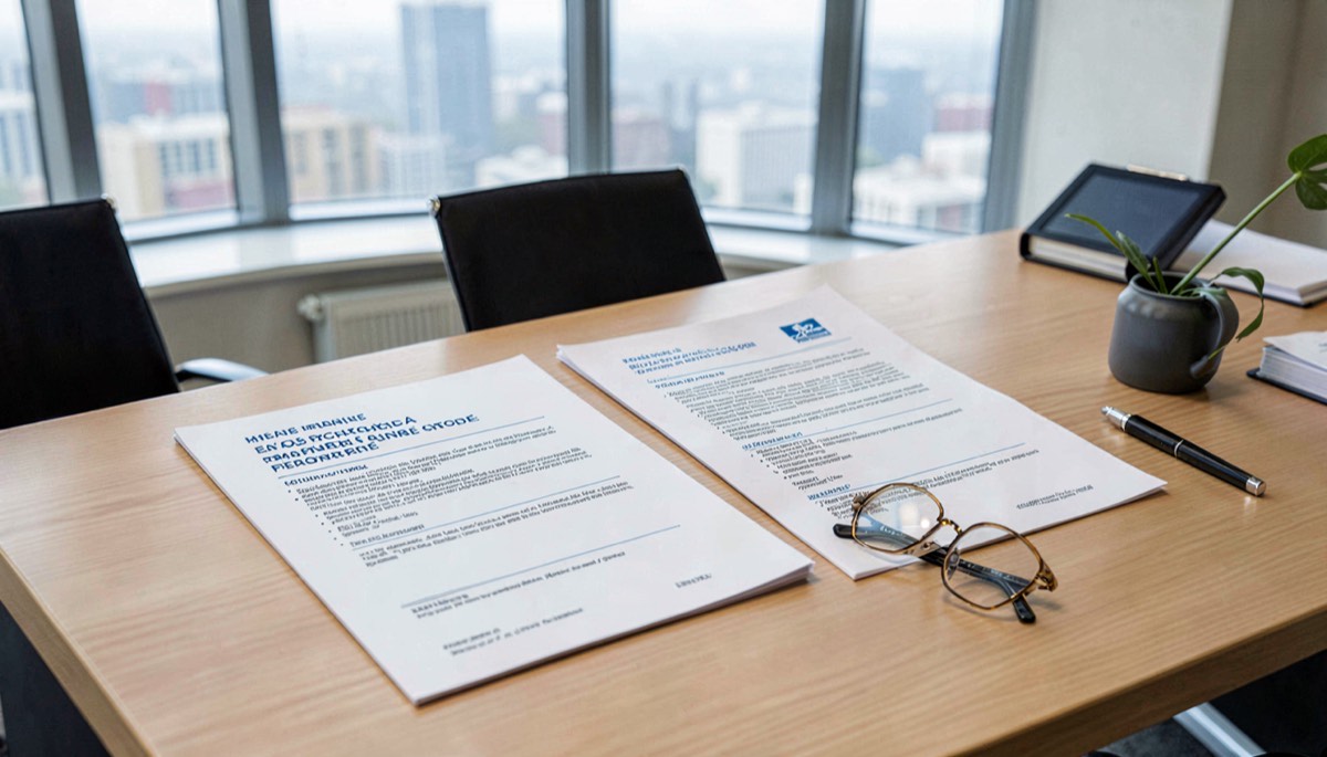 Documents administratifs et contrat de mutuelle d'entreprise sur un bureau