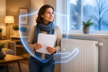 Une personne examine un dossier d'aide au chauffage près d'un radiateur
