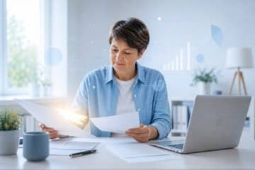Une personne consulte des documents d'aide financière à son bureau