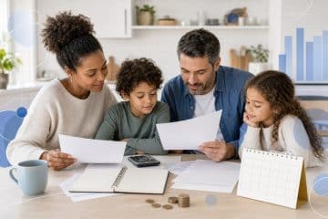 Une famille organise son budget mensuel autour d'une table