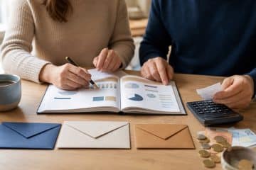 Couple organisant son budget familial avec calculatrice et enveloppes